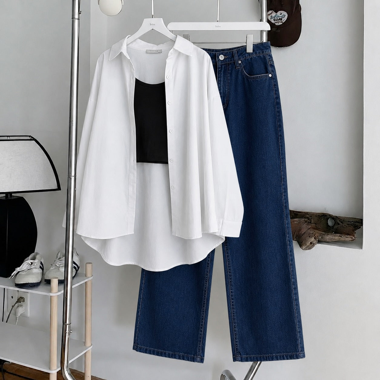 White Button Down , Black Inner & Dark-Blue Wide Leg Jeans