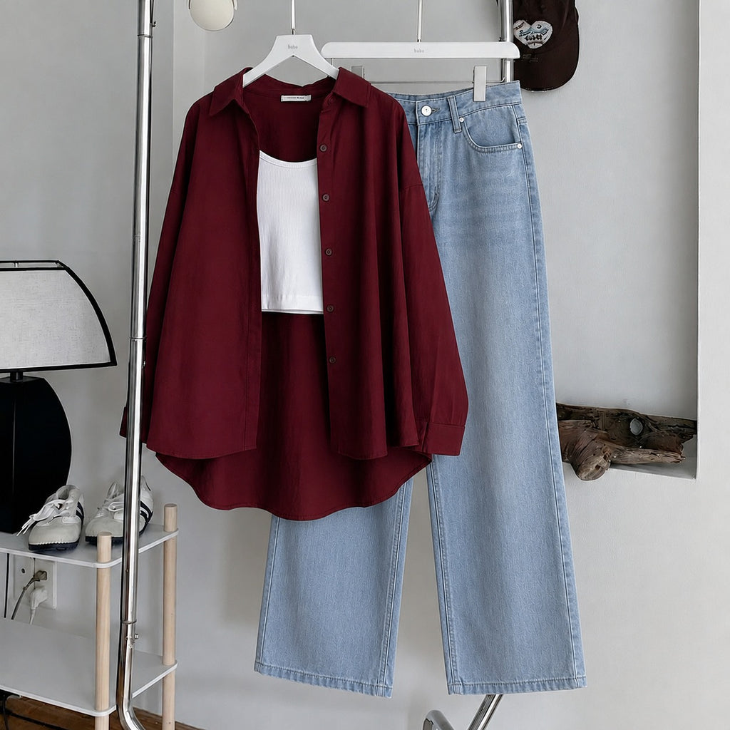 Maroon Button Down Shirt , White Inner & Faded Ice-Blue Wide Leg Jeans