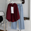 Maroon Button Down Shirt , White Inner & Faded Ice-Blue Wide Leg Jeans