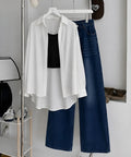 White Button Down Shirt , Black Inner & Faded Dark-Blue Wide Leg Jeans