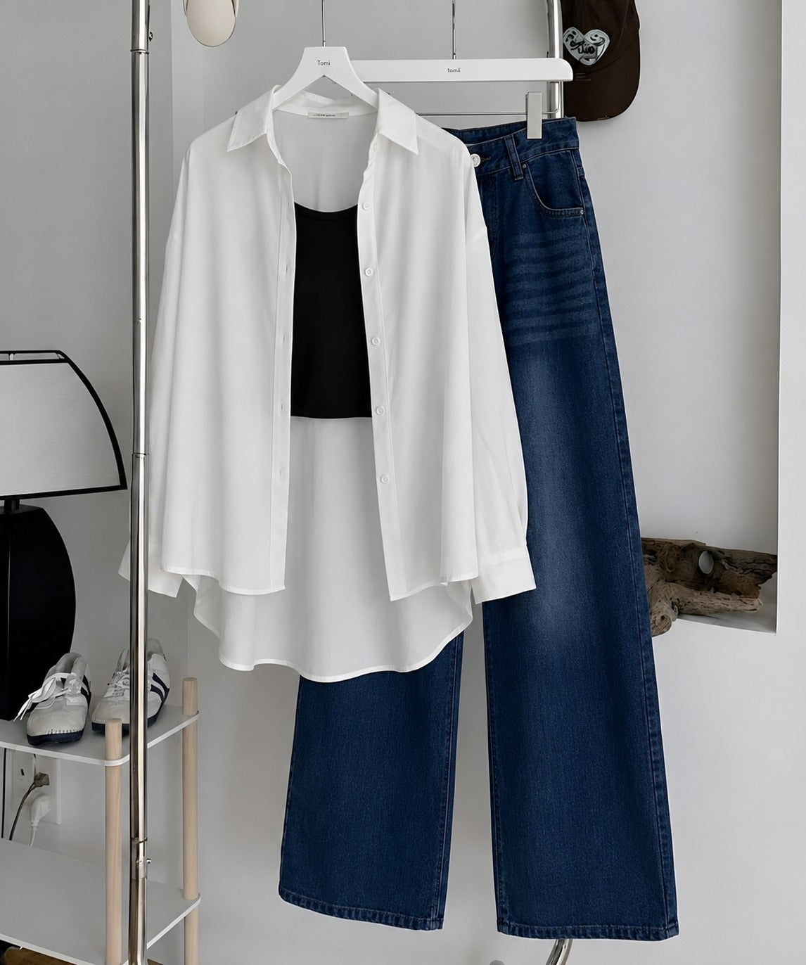 White Button Down Shirt , Black Inner & Faded Dark-Blue Wide Leg Jeans