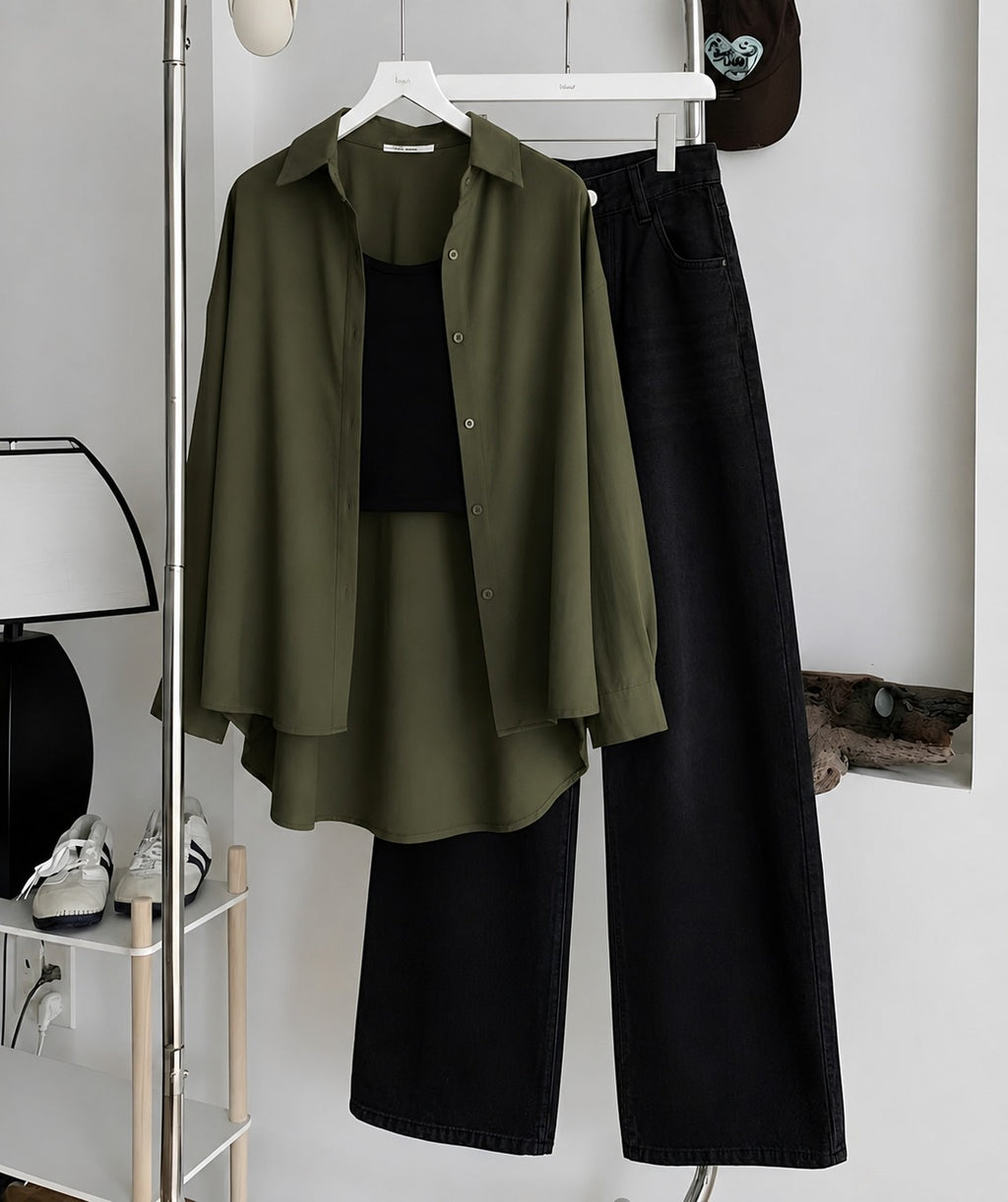 Olive-Green Button Down Shirt , Black Inner & Faded Black Wide Leg Jeans