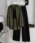 Olive-Green Button Down Shirt , Black Inner & Faded Black Wide Leg Jeans