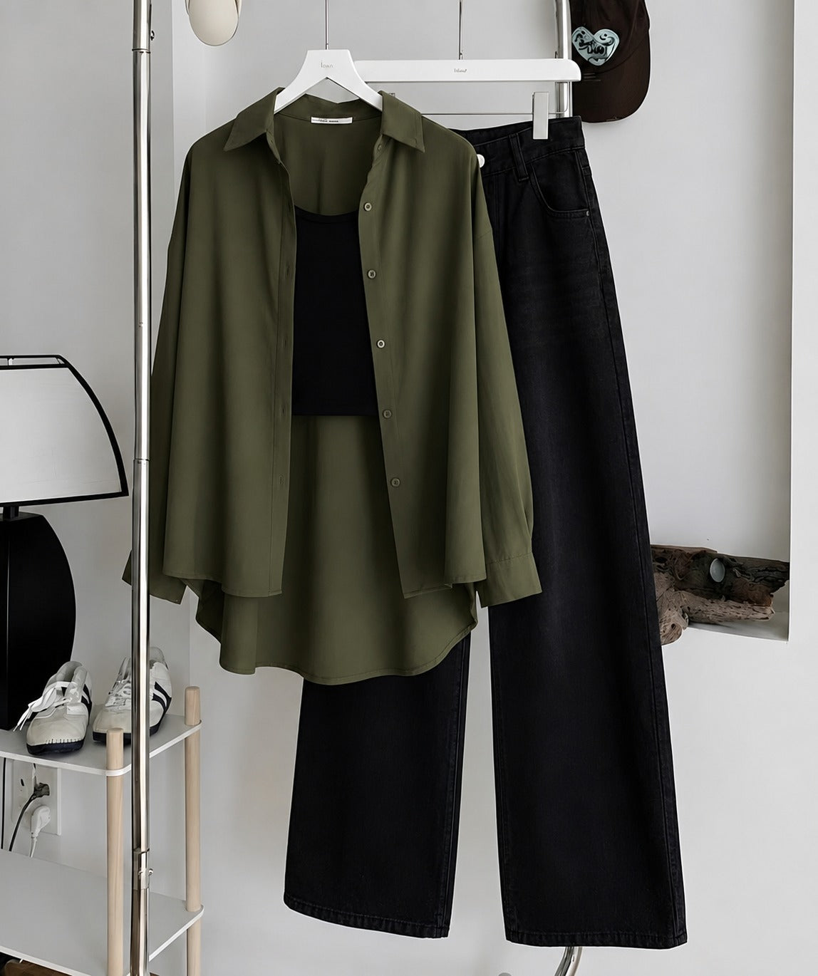 Olive-Green Button Down Shirt , Black Inner & Faded Black Wide Leg Jeans