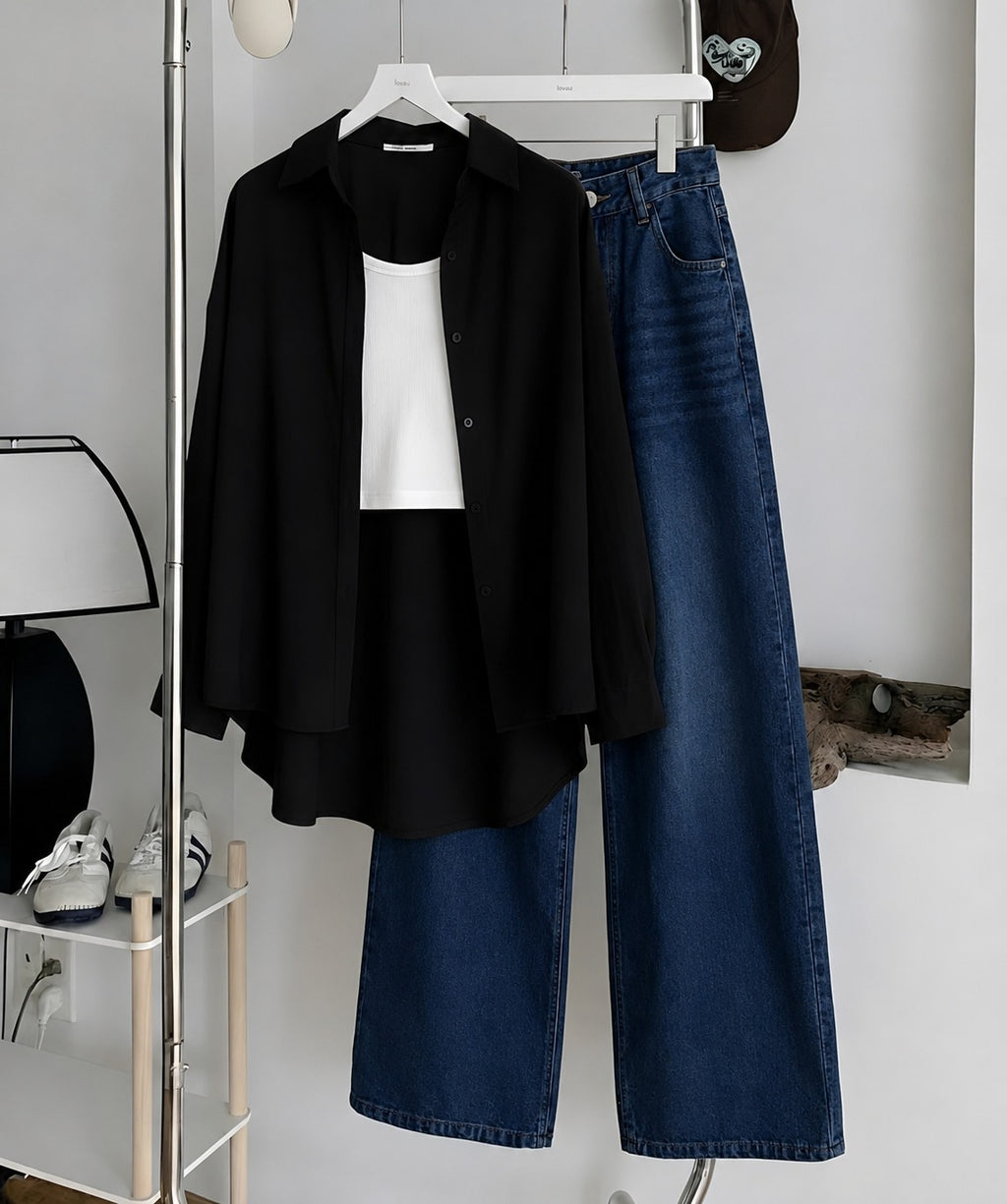 Black Button Down Shirt , White Inner & Faded Dark-Blue Wide Leg Jeans