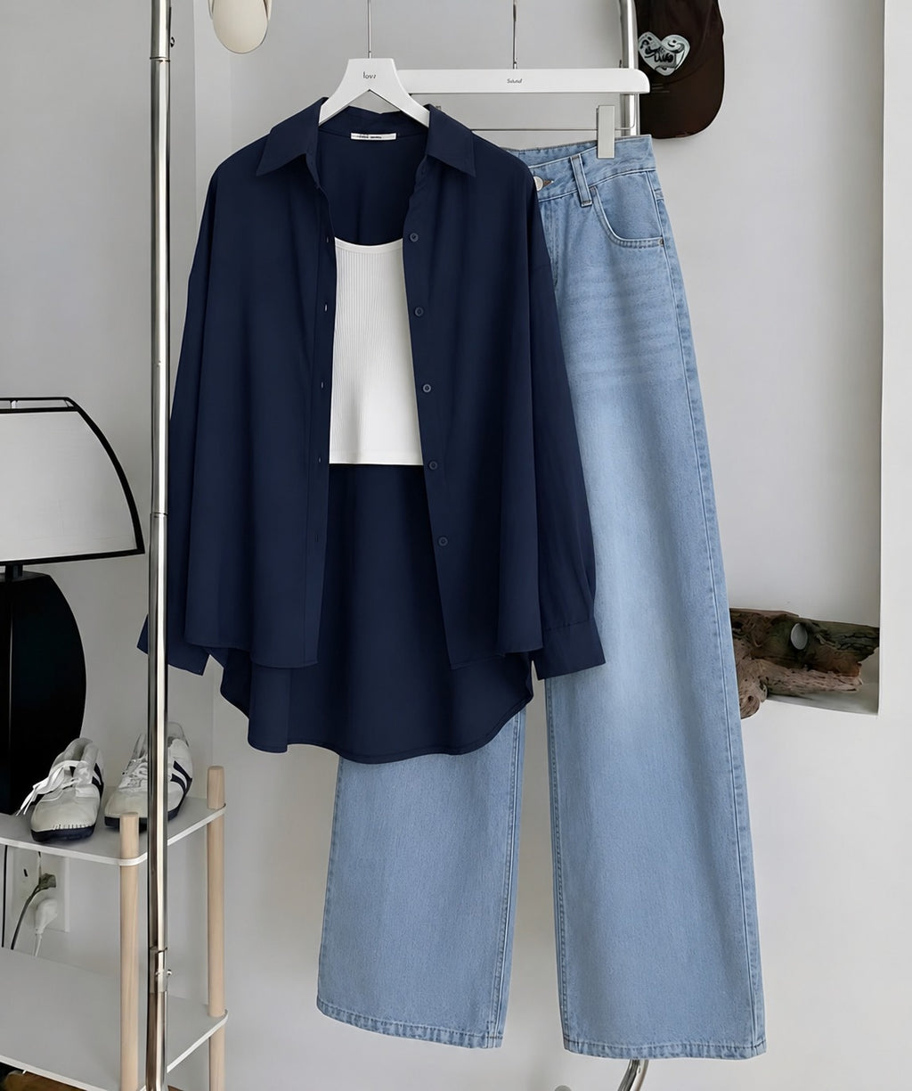 Navy-Blue Button Down Shirt , White Inner & Faded Ice-Blue Wide Leg Jeans