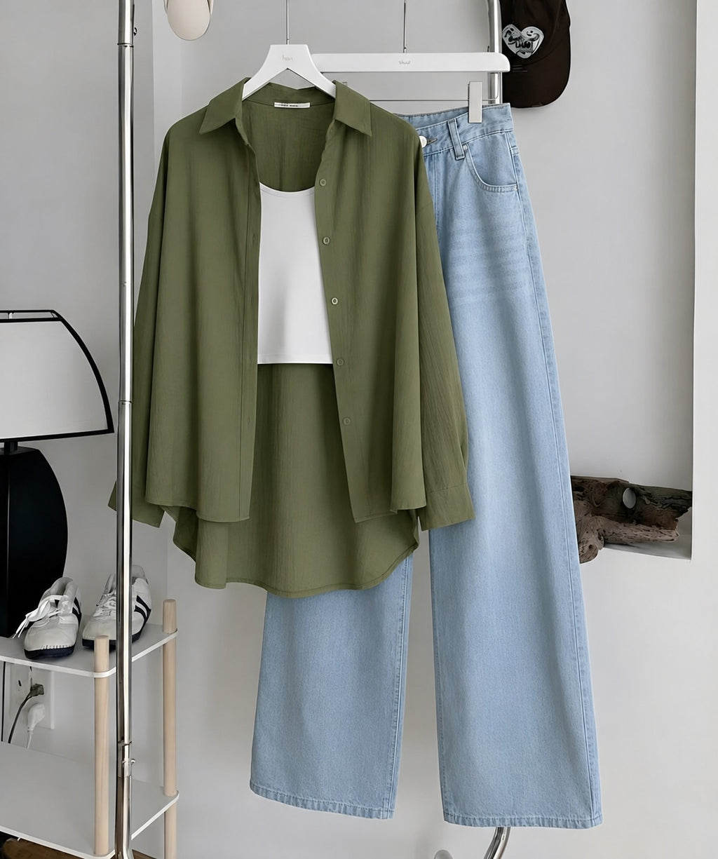 Olive-Green Button Down Shirt , White Inner & Faded Ice-Blue Wide Leg Jeans