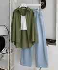 Olive-Green Button Down Shirt , White Inner & Faded Ice-Blue Wide Leg Jeans