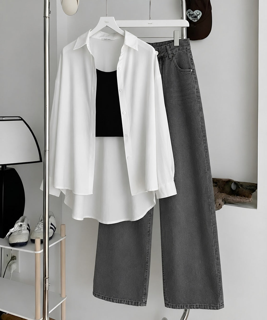 White Button Down Shirt , Black Inner & Faded Grey Wide Leg Jeans