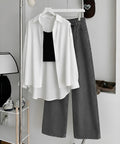 White Button Down Shirt , Black Inner & Faded Grey Wide Leg Jeans