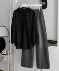 Black Button Down Shirt , Black Inner & Faded Grey Wide Leg Jeans