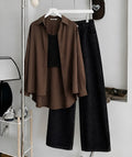 Brown Button Down Shirt , Black Inner & Faded Black Wide Leg Jeans