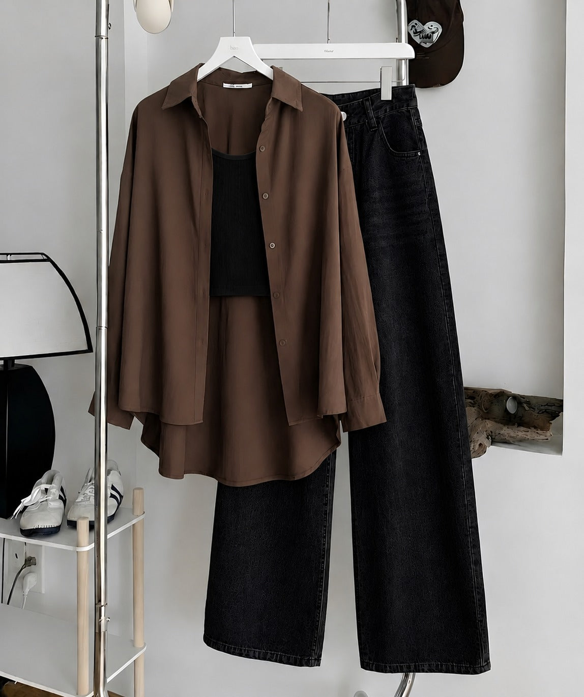 Brown Button Down Shirt , Black Inner & Faded Black Wide Leg Jeans