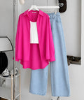 Hot-Pink Button Down Shirt , White Inner & Faded Ice-Blue Wide Leg Jeans