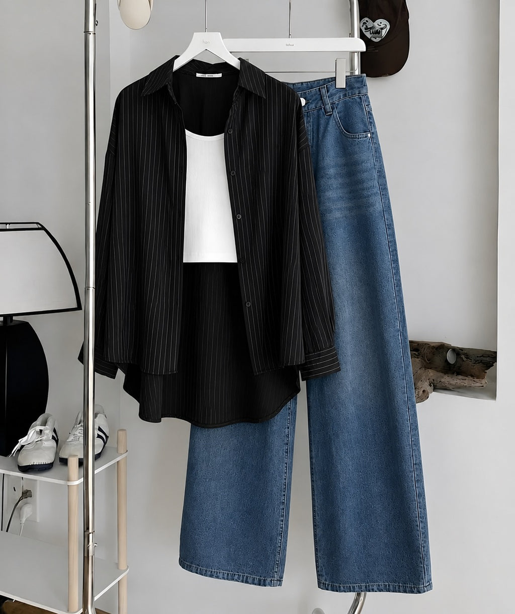 Black Striped Button Down Shirt , White Inner & Faded Mid-Blue Wide Leg Jeans