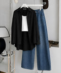 Black Striped Button Down Shirt , White Inner & Faded Mid-Blue Wide Leg Jeans