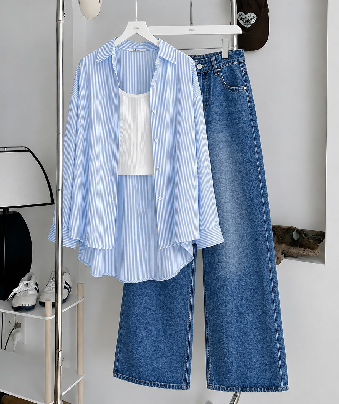 Sky-Blue Button Down Shirt , White Inner & Faded Mid-Blue Wide Leg Jeans