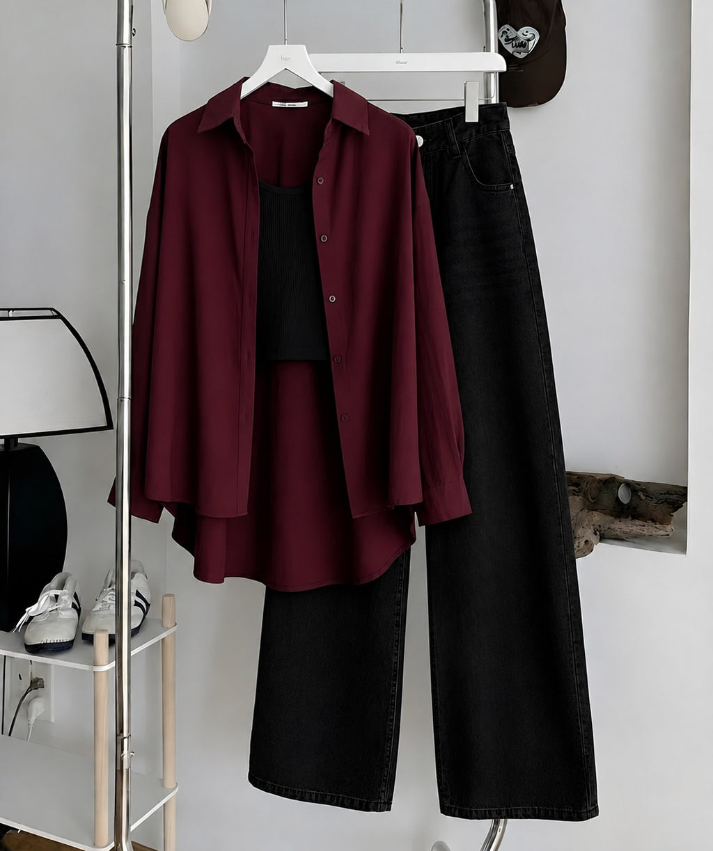 Maroon Button Down Shirt , Black Inner & Faded Black Wide Leg Jeans