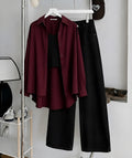 Maroon Button Down Shirt , Black Inner & Faded Black Wide Leg Jeans