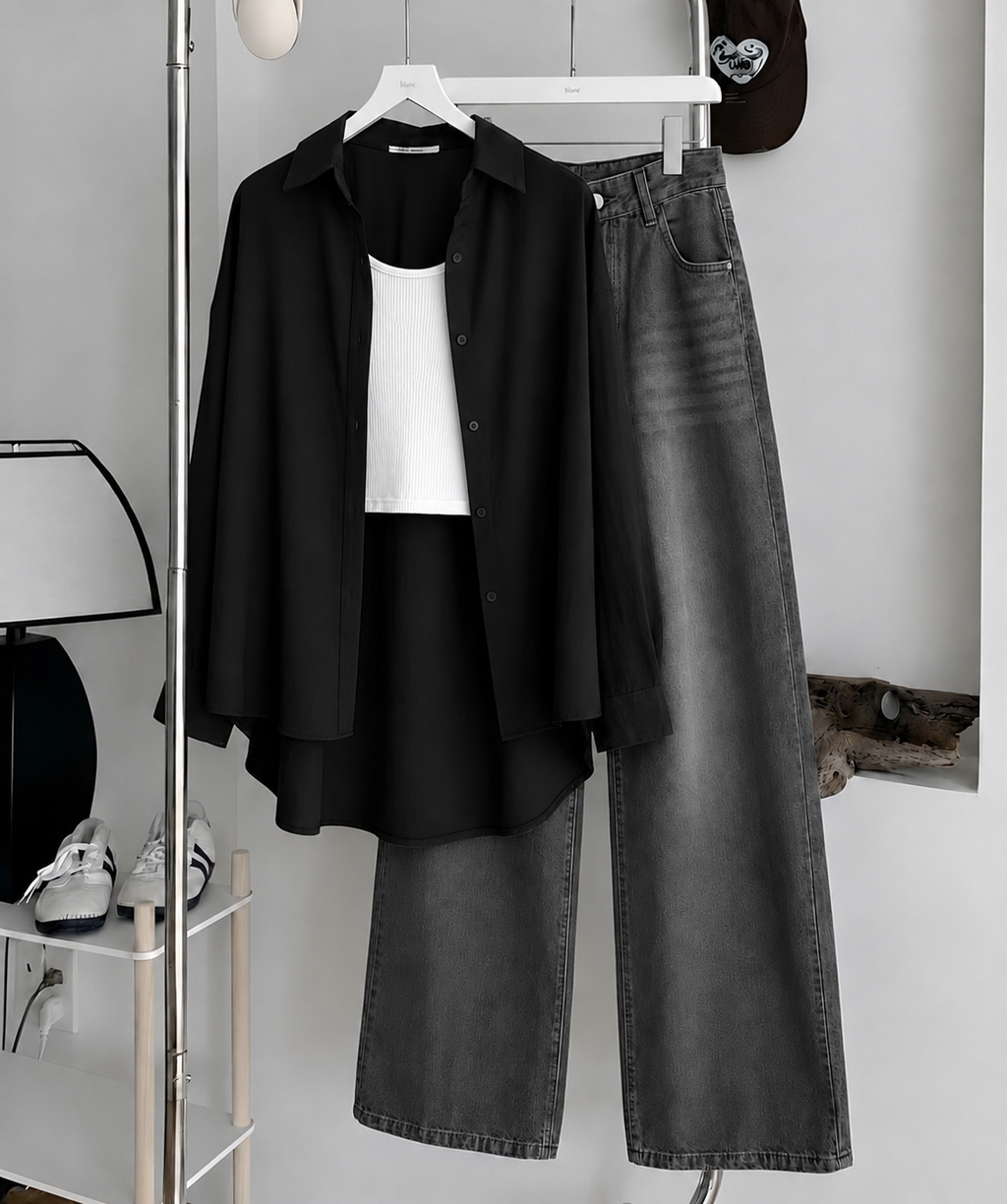 Black Button Down Shirt , White Inner & Faded Black Wide Leg Jeans