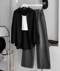 Black Button Down Shirt , White Inner & Faded Black Wide Leg Jeans