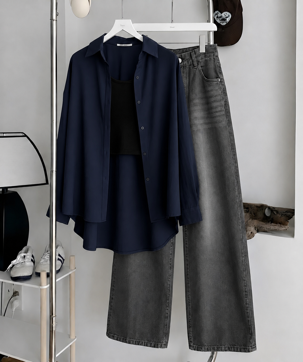 Navy-blue Button Down Shirt , Black Inner & Faded Grey Wide Leg Jeans