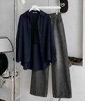 Navy-blue Button Down Shirt , Black Inner & Faded Grey Wide Leg Jeans