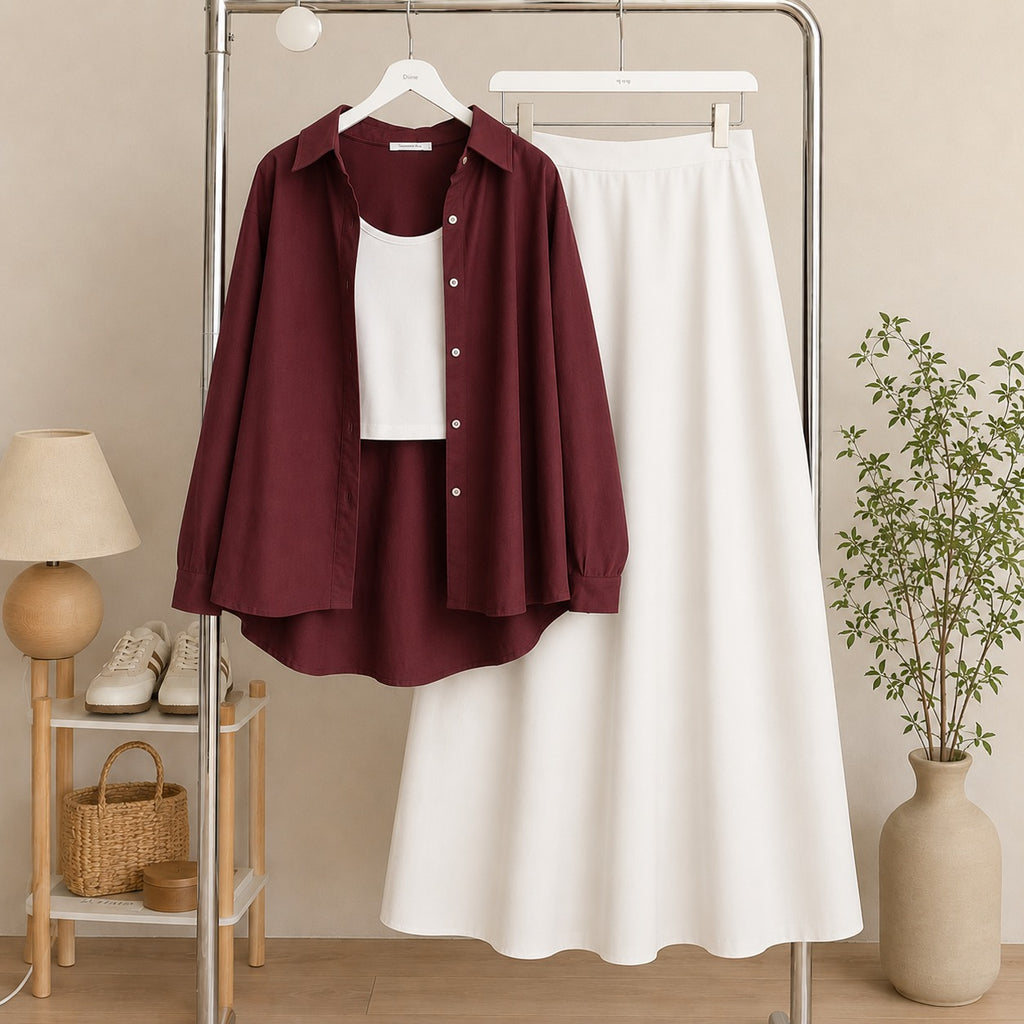 Maroon Button Down Shirt & White Inner & White Flowy Maxi Skirt