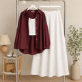 Maroon Button Down Shirt & White Inner & White Flowy Maxi Skirt