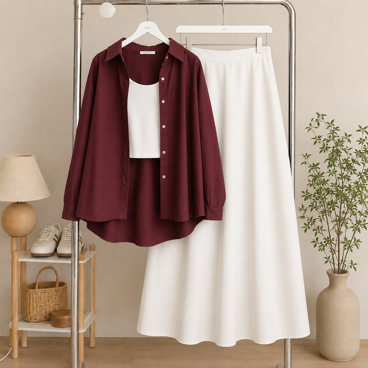 Maroon Button Down Shirt & White Inner & White Flowy Maxi Skirt