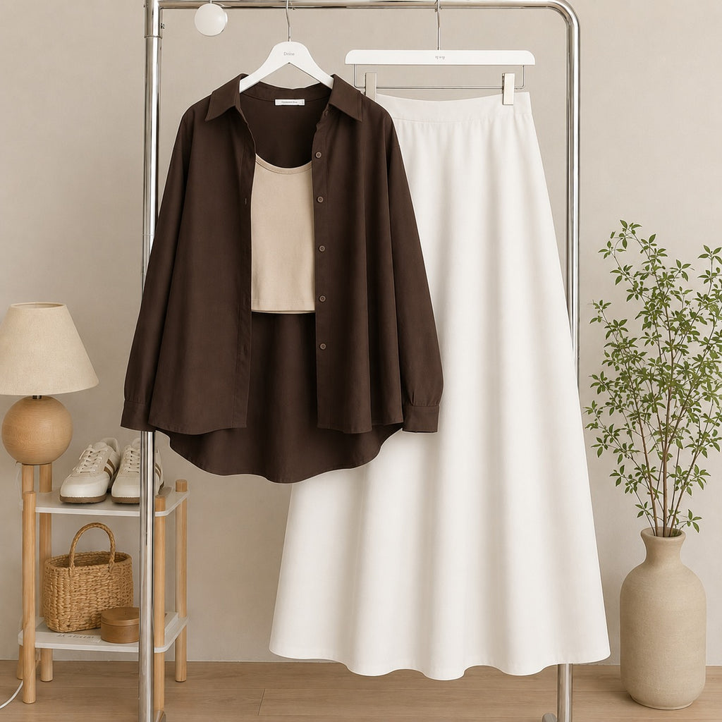 Brown Button Down Shirt & Beige Inner & White Flowy Maxi Skirt