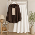 Brown Button Down Shirt & Beige Inner & White Flowy Maxi Skirt