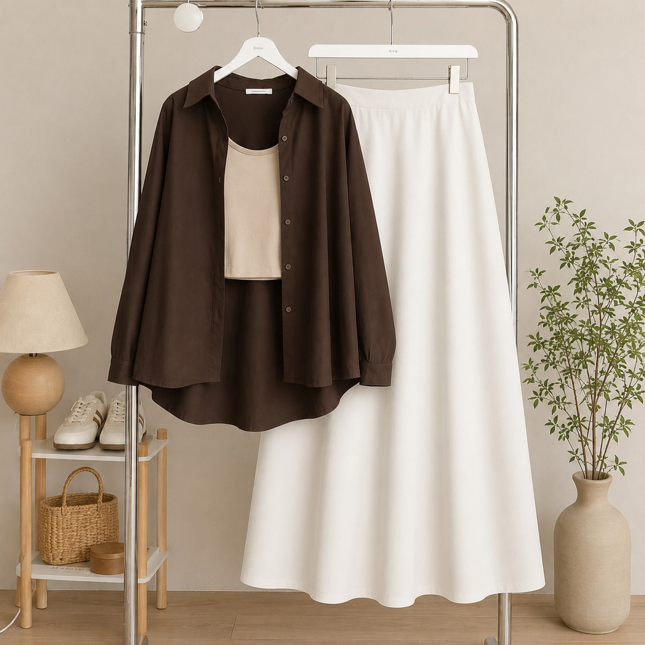 Brown Button Down Shirt & Beige Inner & White Flowy Maxi Skirt