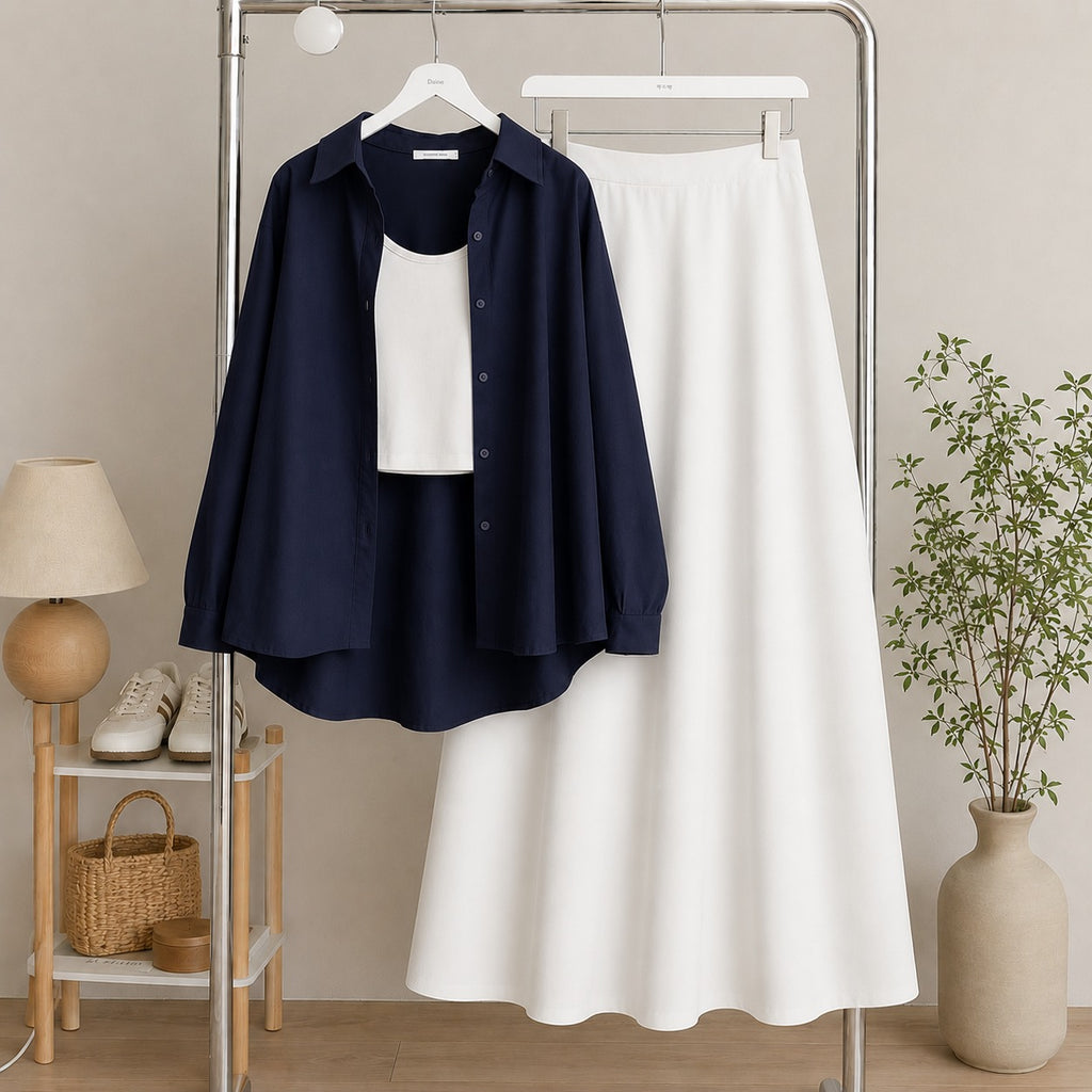 Navy Blue Button Down Shirt & White Inner & White Flowy Maxi Skirt