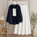 Navy Blue Button Down Shirt & White Inner & White Flowy Maxi Skirt