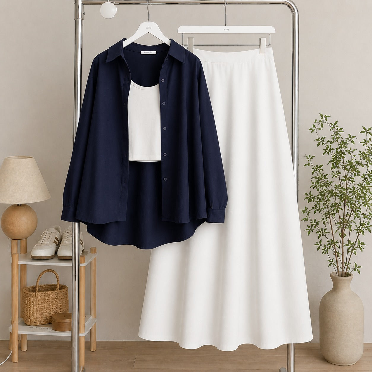 Navy Blue Button Down Shirt & White Inner & White Flowy Maxi Skirt
