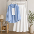 Sky-Blue Button Down Shirt & White Inner & White Flowy Maxi Skirt