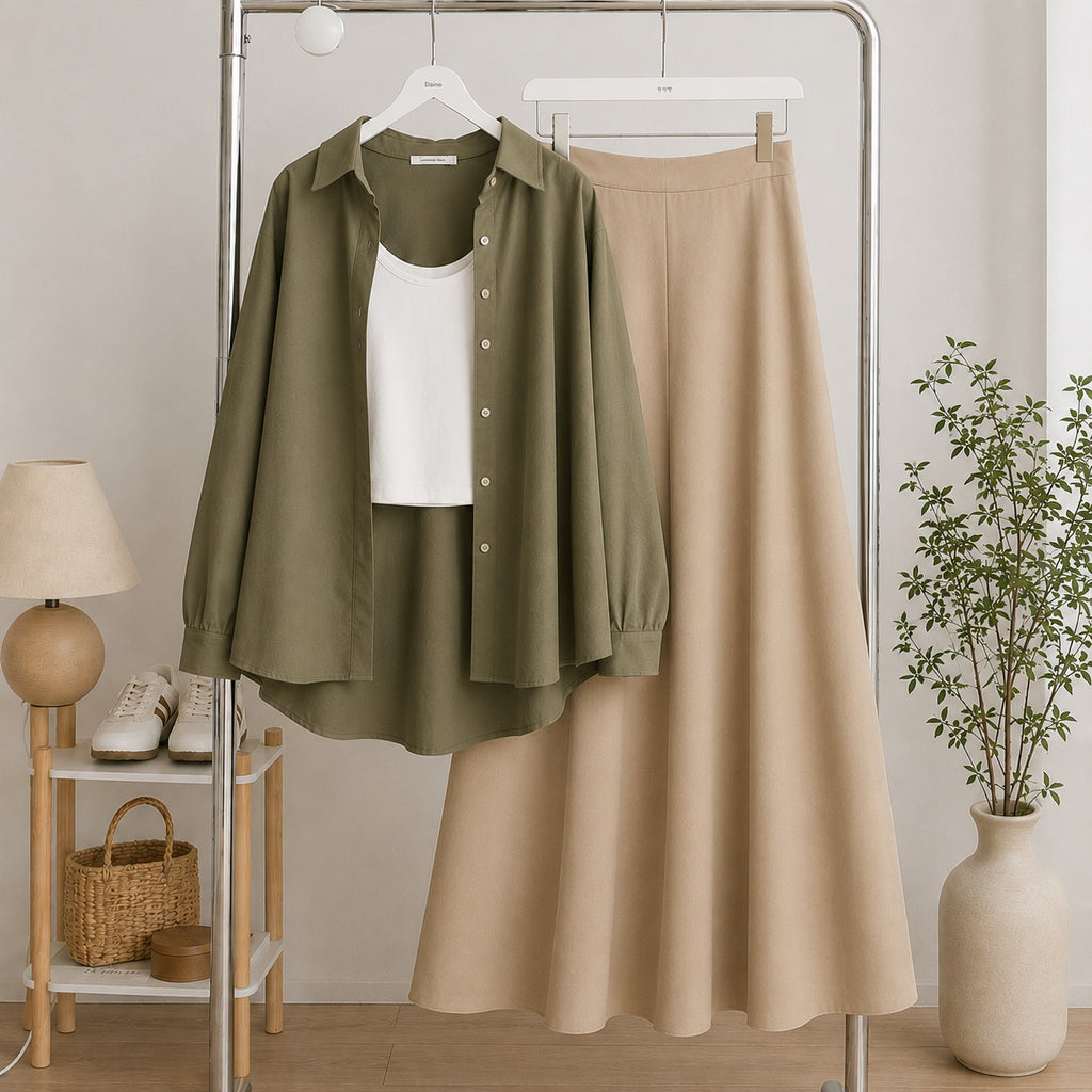 Olive Green Button Down Shirt & White Inner & Beige Flowy Maxi Skirt
