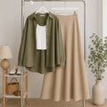 Olive Green Button Down Shirt & White Inner & Beige Flowy Maxi Skirt