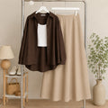 Brown Button Down Shirt & White Inner & Beige Flowy Maxi Skirt