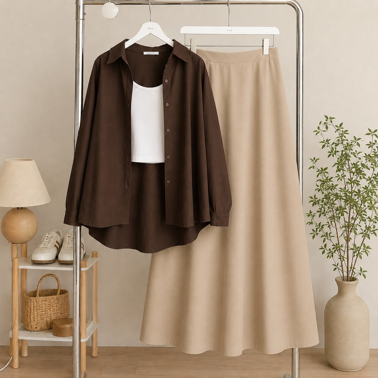 Brown Button Down Shirt & White Inner & Beige Flowy Maxi Skirt