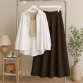 White Button Down Shirt & Beige Inner & Brown Flowy Maxi Skirt