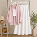 Baby-Pink Button Down Shirt & White Inner & White Flowy Maxi Skirt