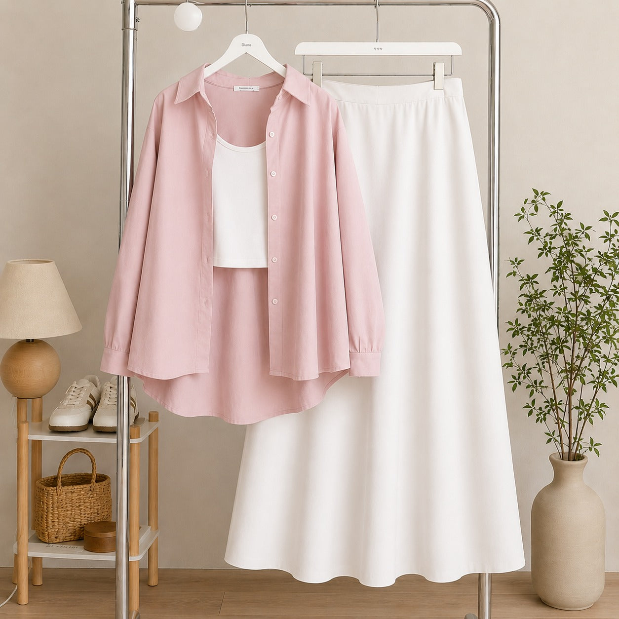 Baby-Pink Button Down Shirt & White Inner & White Flowy Maxi Skirt