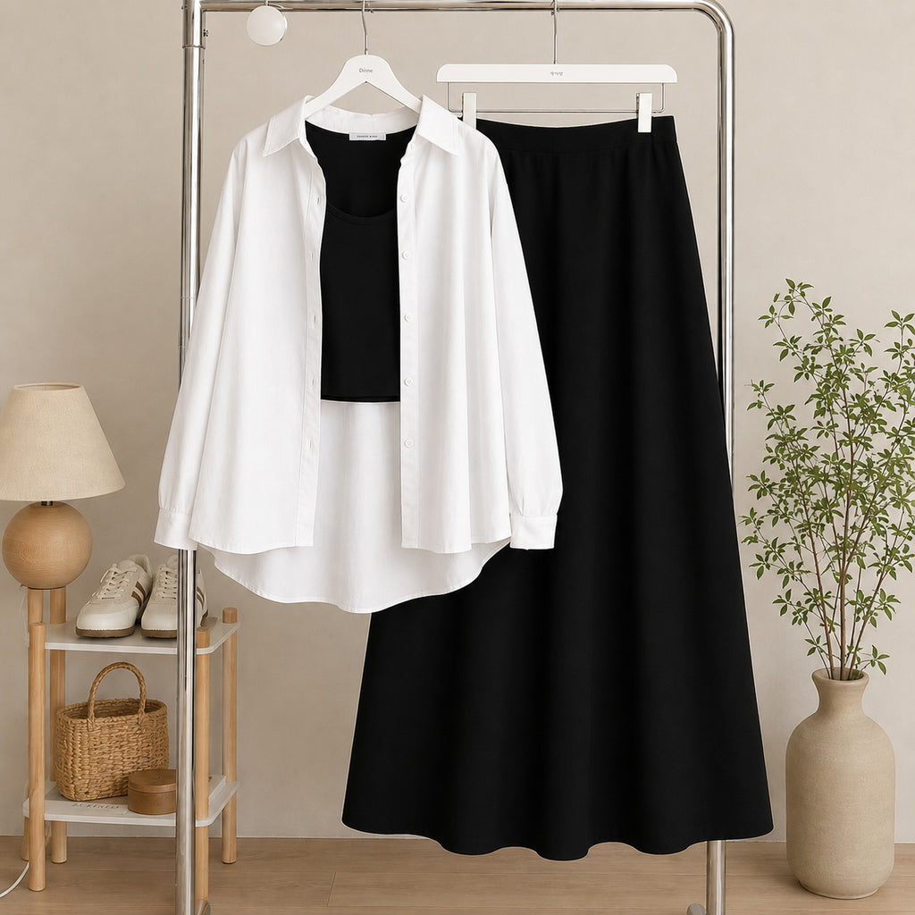 White Button Down Shirt & Black Inner & Black Flowy Maxi Skirt