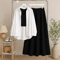 White Button Down Shirt & Black Inner & Black Flowy Maxi Skirt