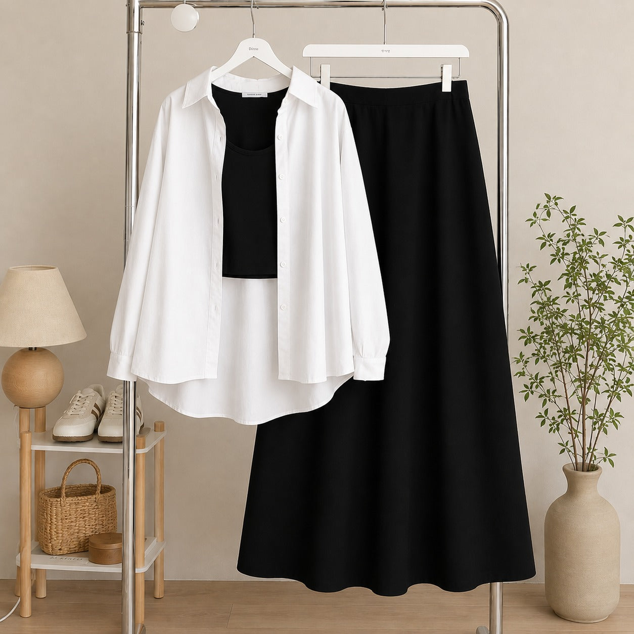 White Button Down Shirt & Black Inner & Black Flowy Maxi Skirt