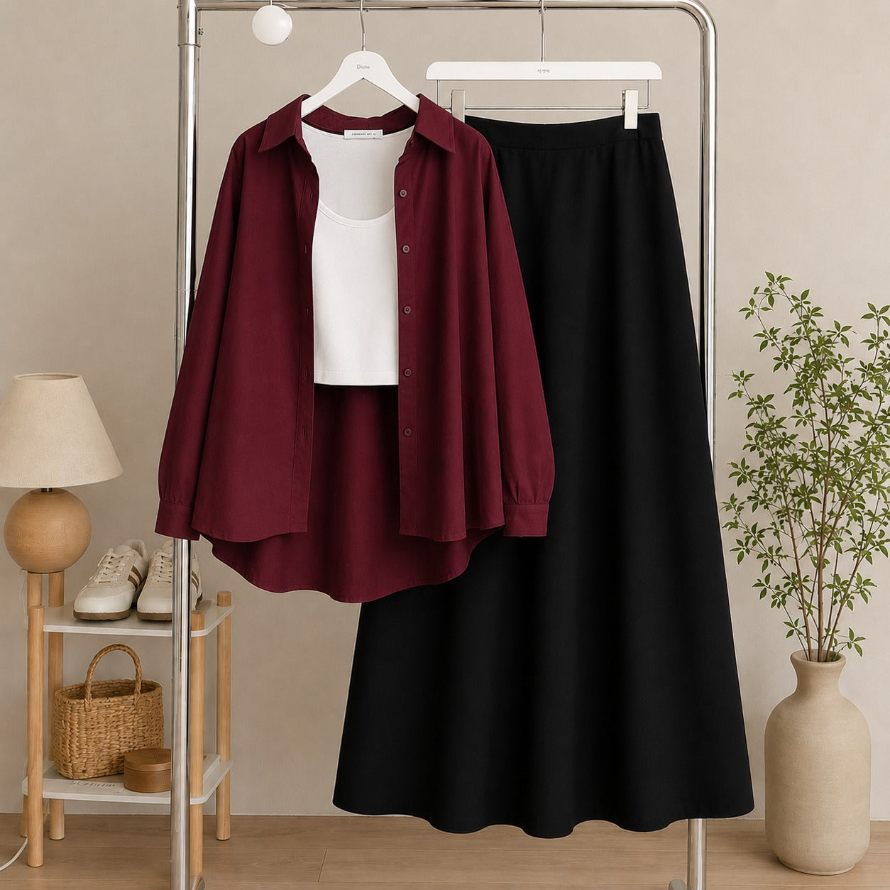 Maroon Button Down Shirt & White Inner & Black Flowy Maxi Skirt