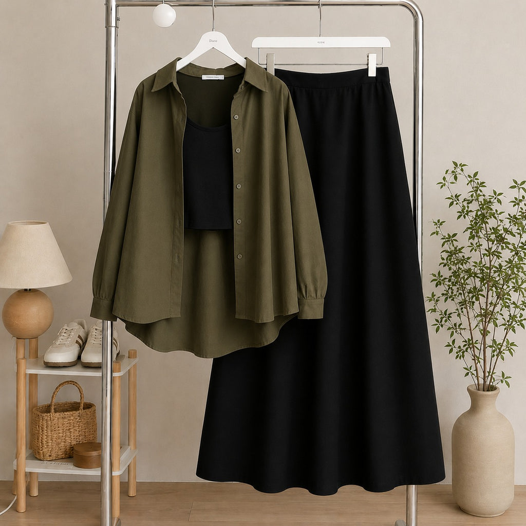Olive-Green Button Down Shirt & Black Inner & Black Flowy Maxi Skirt