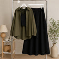 Olive-Green Button Down Shirt & Black Inner & Black Flowy Maxi Skirt
